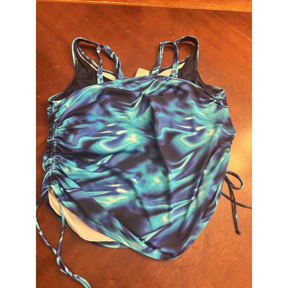Lands End Womens 18DD Blue Swirl Tankini Swim Top Adjust able Drawstrings - Picture 1 of 9